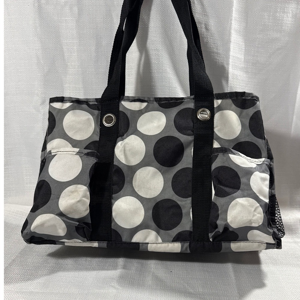 Thirty-One Polka Dot Utility Tote Bag Black White Grey Small Organizing Caddy